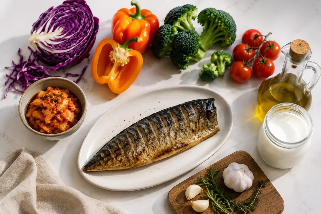 Продукты для иммунитета: жирная рыба, ферментированные продукты, разноцветные овощи и чеснок на белом фоне