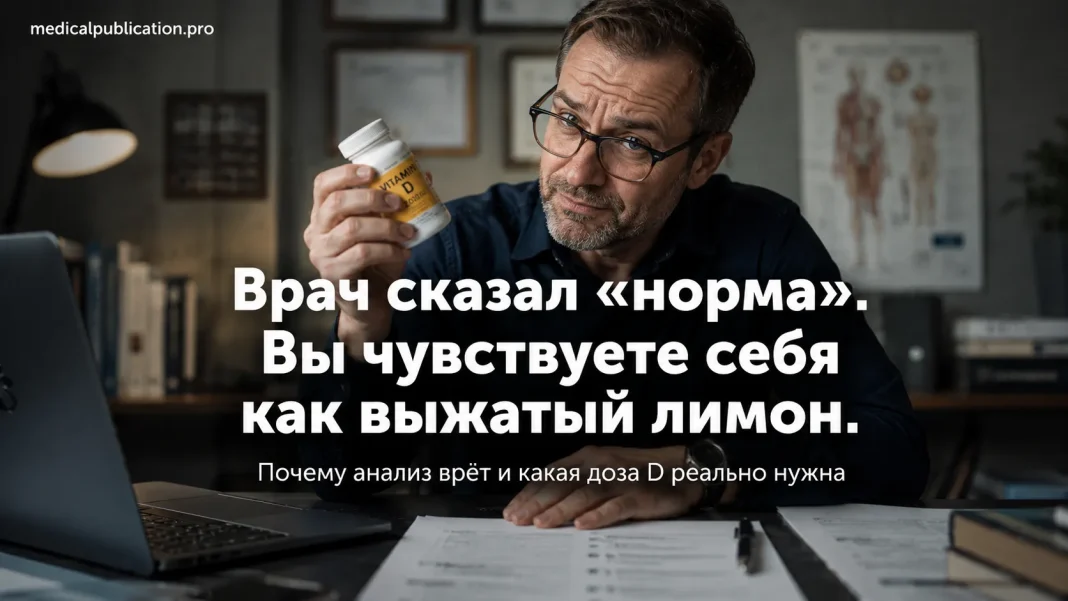 Витамин D3 в масляных капсулах рядом с бланком анализа 25(OH)D и показателем уровня нг/мл