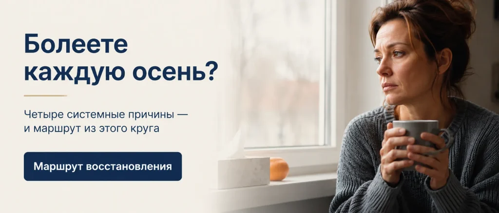 Женщина в домашней одежде у окна с чашкой чая — усталое выражение человека прошедшего цикл простуд слишком много раз