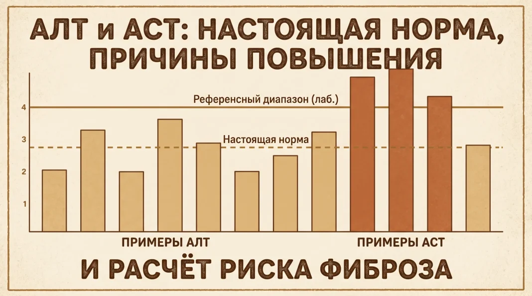 Столбчатая диаграмма с двумя границами нормы: по верхней, лабораторной, все показатели проходят, по нижней, здоровой, часть уже превышена