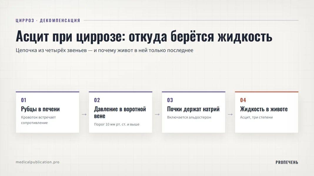 Схема из четырёх шагов: рубцы в печени, рост давления в воротной вене, задержка натрия почками, жидкость в брюшной полости
