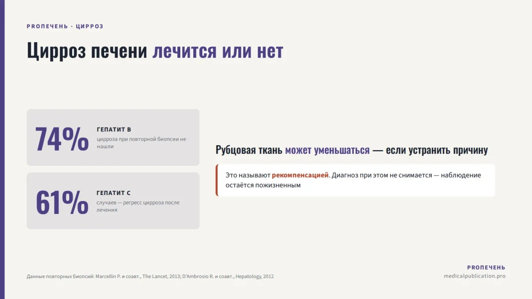 Две цифры регресса цирроза — 74% при гепатите B и 61% при гепатите C — и пояснение про рекомпенсацию