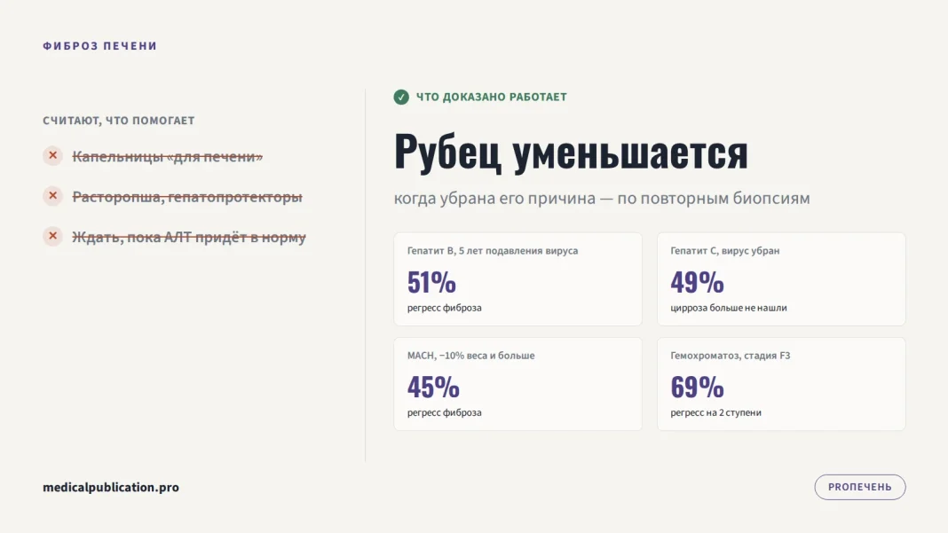 Слева зачёркнуты капельницы для печени и расторопша, справа заголовок «Рубец уменьшается» и четыре карточки с процентом регресса фиброза при гепатитах B и C, МАСН и гемохроматозе
