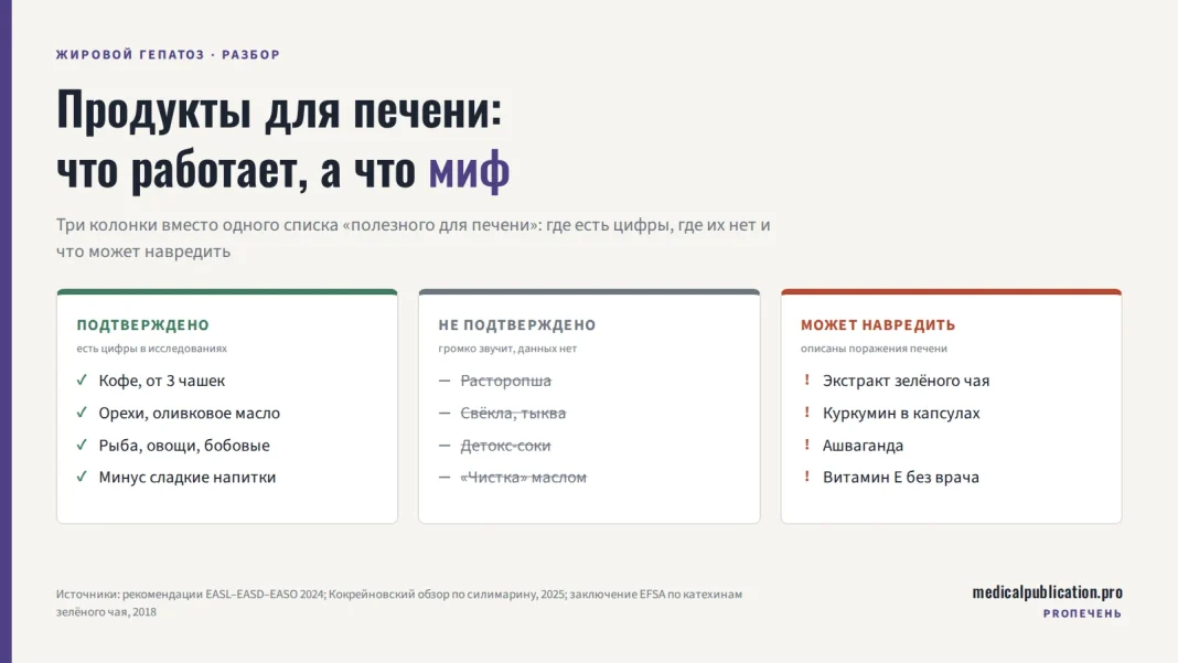Три колонки сортировки продуктов для печени: слева зелёная «подтверждено» с кофе, орехами, оливковым маслом и рыбой, посередине серая «не подтверждено» с зачёркнутыми расторопшей, свёклой и детокс-соками, справа красная «может навредить» с экстрактом зелёного чая, куркумином и ашвагандой