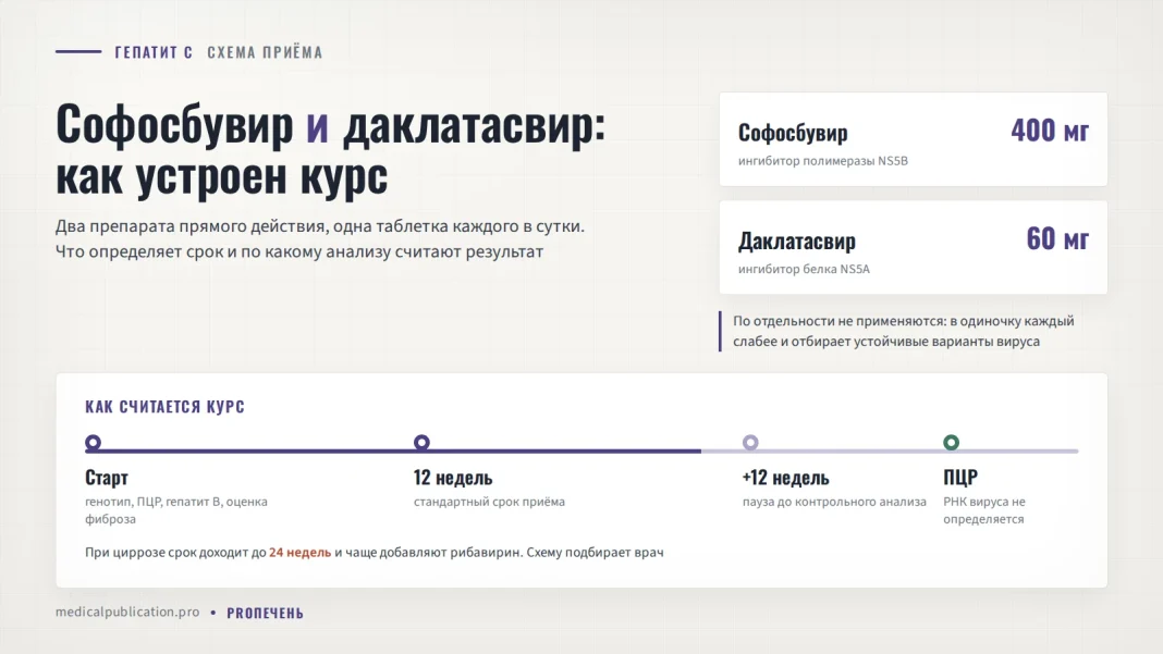 Схема курса при гепатите C: карточки софосбувира 400 мг и даклатасвира 60 мг с указанием мишеней NS5B и NS5A, под ними лента из четырёх отметок — старт с обследованием, 12 недель приёма, пауза ещё в 12 недель и контрольная ПЦР, плюс примечание про 24 недели при циррозе