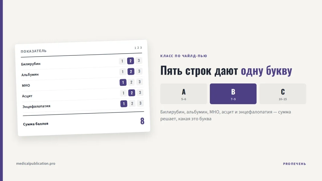Бланк подсчёта баллов по пяти показателям Чайлд-Пью (билирубин, альбумин, МНО, асцит, энцефалопатия) с суммой 8 и выделенным классом B среди диапазонов A, B, C