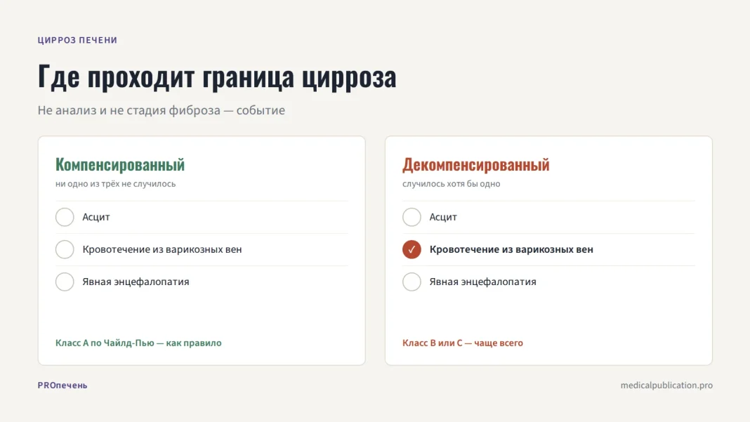 Два столбца-чеклиста: компенсированный цирроз без асцита, кровотечения и энцефалопатии против декомпенсированного, где одно из событий уже случилось
