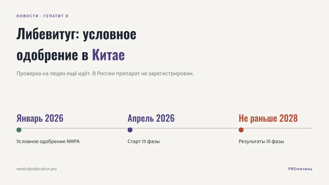 Временная шкала из трёх точек: январь 2026 — условное одобрение либевитуга в Китае, апрель 2026 — старт III фазы исследования, не раньше 2028 — её результаты